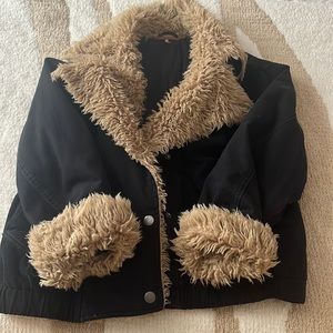 Free People Black Denim and Shearling Coat